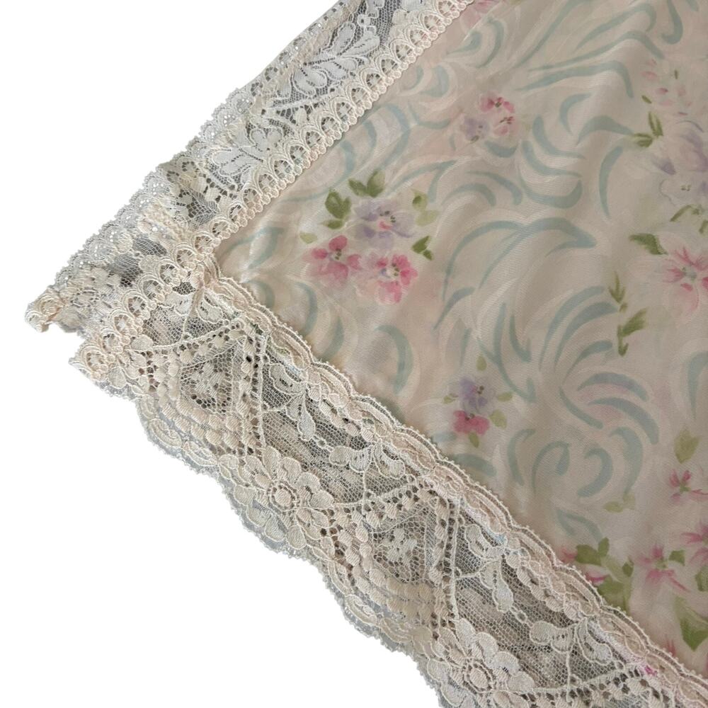 Vintage 80s Vanity Fair Peach Floral Lace Slip Skirt Slit Bow Dainty Coquette M - Picture 4 of 7